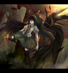 Rule 34 | 1girl, arm cannon, bad id, bad pixiv id, black hair, black wings, feathers, female focus, letterboxed, outdoors, red eyes, reiuji utsuho, rifsom, sky, solo, thighhighs, touhou, weapon, wings