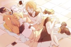 Rule 34 | 1boy, 1girl, bare legs, black footwear, black shorts, blanket, blonde hair, boots, unworn boots, collar, crypton future media, detached sleeves, eiku, closed eyes, folded clothes, from above, headphones, headphones removed, highres, kagamine len, kagamine rin, lying, on side, open mouth, piapro, pillow, sailor collar, shirt, short hair, short sleeves, shorts, siblings, sleeveless, sleeveless shirt, unworn sleeves, tile floor, tiles, twins, vocaloid, white shirt