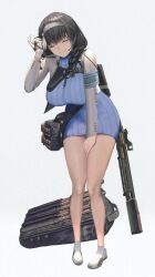 Rule 34 | 1girl, ammunition, artist request, blue dress, blurry, blurry background, braid, breasts, buttons, commentary request, dress, fingernails, full body, gloves, goddess of victory: nikke, gun, hairband, headset, highres, holding, jacket, large breasts, lips, long hair, long sleeves, mary (nikke), official art, open clothes, open jacket, parted lips, polygonal suppressor, project nikke, rifle, short dress, shotgun, shotgun shell, signature, simple background, single braid, single glove, smile, suppressor, sweater, sweater dress, weapon