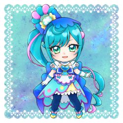 Rule 34 | 1girl, aizen (syoshiyuki), blue eyes, blue hair, blue pantyhose, bow, brooch, chibi, commentary, cure spicy, delicious party precure, elbow gloves, frills, full body, fuwa kokone, gloves, hair bow, heart, heart brooch, huge bow, jewelry, long hair, magical girl, open mouth, pantyhose, precure, puffy sleeves, side ponytail, smile, solo, white gloves