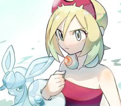 Rule 34 | 1girl, blonde hair, blue eyes, bracelet, closed mouth, collar, commentary request, creatures (company), eyelashes, game freak, gen 4 pokemon, glaceon, hairband, hand up, irida (pokemon), jewelry, nao (naaa 195), nintendo, pokemon, pokemon (creature), pokemon legends: arceus, red hairband, red shirt, shirt, short hair, strapless, strapless shirt, white background