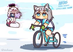 Rule 34 | !?, 2girls, animal ear fluff, animal ears, bicycle, bike jersey, bike shorts, blue archive, blue eyes, blush, chibi, closed mouth, commentary request, cross hair ornament, demon horns, english text, flying, full body, grey hair, hair ornament, halo, hina (blue archive), hina (swimsuit) (blue archive), horns, inflatable toy, lcron, long hair, looking ahead, looking at another, medium hair, motion lines, multiple girls, open mouth, purple eyes, riding, riding bicycle, school swimsuit, shadow, shiroko (blue archive), shiroko (cycling) (blue archive), standing, swimsuit, twitter username, white footwear