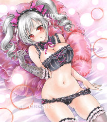 Rule 34 | 10s, 1girl, at classics, black bra, black panties, blush, bra, breasts, cleavage, detached collar, drill hair, female focus, floral print, gloves, grey gloves, grey hair, grey thighhighs, hair ribbon, idolmaster, idolmaster cinderella girls, kanzaki ranko, large breasts, long hair, looking at viewer, lying, marker (medium), navel, on back, panties, pillow, red eyes, ribbon, sample watermark, single glove, solo, thighhighs, traditional media, twin drills, twintails, underwear, underwear only, watermark