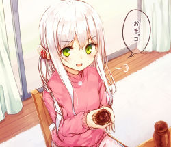 Rule 34 | 1girl, :d, puff of air, alcohol, chair, choko (cup), cup, curtains, green eyes, hair ornament, holding, holding cup, indoors, long hair, long sleeves, looking at viewer, open mouth, original, pink sweater, sake, sitting, smile, solo, speech bubble, sweater, table, tokkuri, translated, tsuchikure, valentine, white hair, window