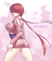 Rule 34 | 1girl, ass, breasts, character name, cowboy shot, earrings, from side, hair over eyes, jacket, jewelry, large breasts, long hair, miniskirt, parted lips, pencil skirt, red hair, shermie (kof), shiny clothes, sideboob, skirt, smile, solo, swept bangs, tenjou tsuki, the king of fighters, very long hair