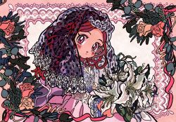 Rule 34 | 1girl, blush, brown hair, copyright request, dress, flower, highres, holding, holding flower, leaf, long hair, looking at viewer, orange flower, parted lips, pink dress, plant, red eyes, solo, sono (samusu gi), upper body, veil, white flower