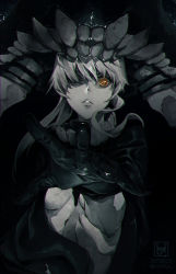 Rule 34 | 10s, 1girl, abyssal ship, bodysuit, brown eyes, cape, hair over one eye, hat, kantai collection, long hair, looking at viewer, silver hair, simple background, solo, usui ryuu, wo-class aircraft carrier