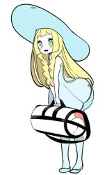 Rule 34 | 1girl, bag, blonde hair, blush, braid, chorimokki, creatures (company), dress, full body, game freak, green eyes, hat, leaning forward, lillie (pokemon), long hair, looking at viewer, nintendo, open mouth, own hands together, pokemon, pokemon sm, shoes, simple background, skirt, sleeveless, sleeveless dress, smile, solo, standing, sun hat, sweat, thighhighs, twin braids, white background, white bag, white dress, white footwear, white hat, white thighhighs