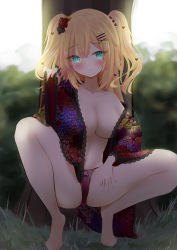 Rule 34 | 1girl, absurdres, akai haato, blonde hair, breasts, cleavage, clothes lift, highres, hololive, japanese clothes, kimono, open clothes, stomach, thighs, user gwyh5732, virtual youtuber, yukata