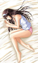 Rule 34 | 00s, 1girl, armpits, bare shoulders, barefoot, bed sheet, brown hair, camisole, clenched hand, closed eyes, feet, fetal position, from above, full body, hairband, indoors, legs, long hair, lying, on side, open mouth, panties, plantar flexion, red panties, sidelocks, sleeping, solo, striped clothes, striped panties, tohno akiha, tsukihime, underwear, white panties