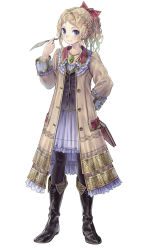 Rule 34 | 1girl, atelier (series), atelier totori, black pantyhose, blonde hair, blue eyes, boots, bow, braid, coat, cuderia von feuerbach, dress, female focus, full body, hair bow, highres, jewelry, kishida mel, necklace, official art, pantyhose, quill, short hair, smile, solo