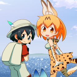 Rule 34 | 10s, 2girls, :d, animal ears, backpack, bag, black gloves, black hair, blue eyes, cloud, commentary request, elbow gloves, extra ears, gloves, hat, hat feather, high-waist skirt, highres, kaban (kemono friends), kemono friends, looking at viewer, lucky beast (kemono friends), multiple girls, ocean, open mouth, orange eyes, orange hair, print gloves, print legwear, print skirt, red shirt, sat-c, serval (kemono friends), serval print, serval tail, shirt, short hair, shorts, skirt, smile, tail, thighhighs, white hat, white shorts