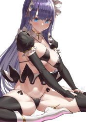 Rule 34 | 1girl, bikini, black bikini, black legwear, black skirt, blue eyes, blunt bangs, blush, boots, breasts, bridal gauntlets, closed mouth, cross, detached collar, earrings, fate/grand order, fate (series), frills, high heels, highres, jewelry, knee boots, large breasts, long hair, looking at viewer, maid, maid bikini, maid headdress, martha (fate), microskirt, navel, pulling own clothes, purple hair, signature, simple background, sitting, skindentation, skirt, solo, stiletto boots, stiletto heels, stomach, strap gap, swimsuit, thighhighs pull, unconventional maid, uo denim, white background