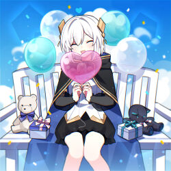Rule 34 | 1girl, ars almal, balloon, bench, black cloak, black skirt, blue cloak, blue sky, cloak, closed eyes, cloud, commentary request, detached sleeves, diamond hair ornament, feet out of frame, gift, head tilt, heart balloon, highres, holding, holding balloon, long sleeves, looking at viewer, nijisanji, on bench, open mouth, shirt, skirt, sky, smile, solo, stuffed animal, stuffed cat, stuffed toy, teddy bear, two-sided cloak, two-sided fabric, virtual youtuber, waka (wk4444), white hair, white shirt