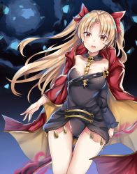 Rule 34 | 1girl, absurdres, between breasts, blonde hair, blush, bow, breasts, cleavage, collarbone, earrings, ereshkigal (fate), fate/grand order, fate (series), furumiya neko, hair bow, highres, jewelry, long hair, looking at viewer, medium breasts, open mouth, red bow, red eyes, solo, tohsaka rin