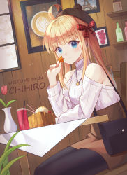 Rule 34 | 1girl, absurdres, ahoge, bag, bare shoulders, beret, black bag, black pantyhose, black ribbon, blonde hair, blue eyes, bottle, breasts, brown skirt, closed mouth, commentary request, flower, food, from side, hat, highres, holding, holding leaf, huge filesize, indoors, jewelry, leaf, long hair, long sleeves, looking at viewer, medium breasts, necklace, original, pantyhose, plaid, plaid ribbon, red flower, red ribbon, restaurant, ribbed sweater, ribbon, shoulder bag, sitting, skirt, smile, solo, sweater, table, turtleneck, window, wooden wall, yeoru