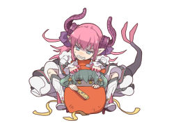 Rule 34 | 2girls, blue eyes, box, curled horns, elizabeth bathory (fate), elizabeth bathory (fate/extra ccc), elizabeth bathory (first ascension) (fate), fate/grand order, fate (series), gift, gift box, green hair, hair ribbon, hiyo (y hiyoshi), horns, in box, in container, kiyohime (fate), multiple girls, peeking, pink hair, pointy ears, pushing, ribbon, sweatdrop, tail, white background, yellow eyes