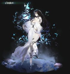 Rule 34 | 1girl, alchemy stars, bare shoulders, black hair, breasts, cleavage, closed mouth, copyright name, detached sleeves, dress, flower, full body, highres, jiangshi, kayano (alchemy stars), koio, large breasts, long hair, looking at viewer, official art, ofuda, outstretched arms, platform footwear, reflection, ripples, rock, sandals, solo, spider lily, spirit, standing, standing on liquid, strapless, strapless dress, tearing up, water, white dress, yellow eyes
