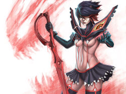Rule 34 | 10s, 1girl, black hair, blue eyes, breasts, cowboy shot, hair over one eye, kill la kill, life fiber, living clothes, matoi ryuuko, multicolored hair, navel, penator, red hair, revealing clothes, senketsu, signature, silhouette, skirt, solo, standing, suspenders, thighhighs, toned, underboob, white background