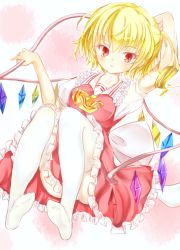 Rule 34 | 1girl, arm behind head, ascot, bad id, bad pixiv id, blonde hair, collarbone, dress, flandre scarlet, frills, gradient background, looking at viewer, lying, no headwear, no shoes, ookamisama, panties, pantyshot, parted lips, puffy short sleeves, puffy sleeves, reclining, red eyes, short hair, short sleeves, side ponytail, solo, thighhighs, touhou, two-tone background, underwear, white panties, wing hold, wings