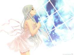 Rule 34 | 1girl, bare shoulders, bent over, cloud, ears visible through hair, highres, lingerie, long hair, negligee, open mouth, original, profile, ribbon, silver hair, sky, solo, takigawa yuu, underwear, wallpaper, white background, window