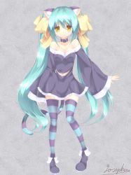 Rule 34 | 1girl, animal ears, aqua hair, artist name, bare shoulders, belt, bow, cat ears, cat tail, clothing cutout, collar, collarbone, dress, expressionless, fujishima cheshire, full body, grey background, hair between eyes, hair bow, josephine (twin tail rabbit), large bow, long hair, long sleeves, looking at viewer, multicolored clothes, multicolored legwear, multicolored tail, navel, navel cutout, original, shiny clothes, shiny skin, shoes, signature, sleeves past wrists, slit pupils, solo, standing, striped clothes, striped tail, striped thighhighs, tail, tareme, thighhighs, twintails, very long hair, wide sleeves, yellow bow, yellow eyes, zettai ryouiki, zipper