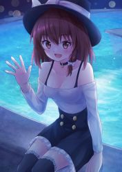 Rule 34 | 1girl, :d, black choker, black skirt, black thighhighs, blush, bow, bra strap, breasts, brown eyes, brown hair, buttons, choker, cleavage, collarbone, commentary request, eyelashes, frills, hair bow, hand up, hat, hat ribbon, highres, long hair, looking at viewer, off-shoulder shirt, off shoulder, open mouth, ramie (ramie541), ribbon, shirt, sitting, skirt, smile, solo, thighhighs, tongue, touhou, usami renko, waving