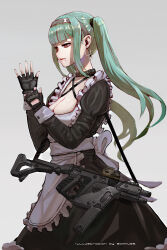 Rule 34 | 1girl, absurdres, apron, artist name, black choker, black dress, black gloves, breasts, brown eyes, carrying, choker, cleavage, closed mouth, dress, earpiece, earrings, english text, fingerless gloves, frilled apron, frills, from side, gloves, grey background, grey hairband, gun, gun sling, hairband, highres, hoop earrings, jewelry, juliet sleeves, kriss vector, large breasts, light green hair, lips, long hair, long sleeves, looking at hand, maid, maid apron, mole, mole under mouth, optical sight, original, puffy sleeves, simple background, solo, somnuss, submachine gun, twintails, weapon, white apron