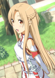 Rule 34 | 10s, 1girl, armor, arms behind back, asuna (sao), bare shoulders, blurry, blush, braid, breastplate, brown eyes, brown hair, depth of field, detached sleeves, grass, long hair, nori tamago, open mouth, smile, solo, sword, sword art online, tree, water, weapon