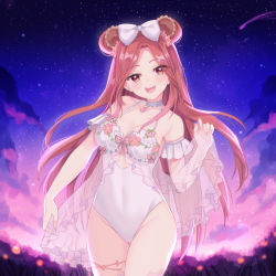 Rule 34 | 1girl, animal ears, armband, bare shoulders, bear ears, breasts, brown eyes, brown hair, choker, cleavage, commission, covered navel, double bun, flower trim, frilled armband, frilled leotard, frills, groin, hair bun, hair ribbon, leotard, long hair, looking at viewer, medium breasts, night, night sky, open mouth, original, parted bangs, ribbon, see-through, shooting star, sky, star, tree, virtual youtuber, white leotard, yaya chan