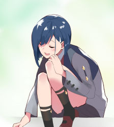 Rule 34 | 1girl, :d, asymmetrical hair, black socks, blue hair, blurry, blurry background, blush, bob cut, brown footwear, closed eyes, commentary, darling in the franxx, dress, green background, grey dress, hair ornament, hair over one eye, hair strand, hairclip, hand on own knee, highres, ichigo (darling in the franxx), leaning forward, long sleeves, open mouth, petting, red neckwear, shoes, short hair, sitting, skirt, smile, socks, solo, uniform, za yu a