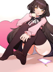 Rule 34 | 1girl, black bow, black hair, black skirt, bow, brown thighhighs, cellphone, choumi wuti (xueye fanmang zhong), commentary request, hand up, heart, heart-shaped pillow, highres, idolmaster, idolmaster shiny colors, knees up, long hair, long sleeves, looking at viewer, mask, mask pull, mayuzumi fuyuko, mouth mask, no shoes, open mouth, panties, phone, pillow, pink sweater, puffy long sleeves, puffy sleeves, shirt, sitting, skirt, sleeves past wrists, soles, solo, surgical mask, sweater, thighhighs, two side up, underwear, very long hair, white background, white panties, white shirt, yellow eyes