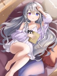 Rule 34 | 1girl, azur lane, bare legs, barefoot, blue eyes, blush, book, breasts, cleavage, couch, feet, heterochromia, highres, kiki-yu, long hair, looking at viewer, medium breasts, murmansk (azur lane), murmansk (sceneries of pure snow) (azur lane), official alternate costume, pillow, purple eyes, solo