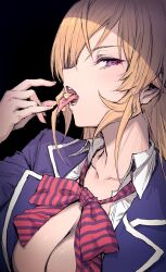 Rule 34 | 1girl, black background, blazer, blonde hair, blue jacket, bow, bowtie, breasts, cheese, cleavage, collarbone, collared shirt, food, haoni, highres, jacket, large breasts, long hair, looking at viewer, looking to the side, nakiri erina, open mouth, partially unbuttoned, purple eyes, saliva, shirt, shokugeki no souma, solo, striped bow, striped bowtie, striped clothes, teeth, tongue, tongue out, tootsuki saryou ryouri gakuen uniform, upper body, white shirt