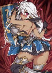 Rule 34 | 10s, 1girl, armor, armored dress, asanagi, ass, back, bare shoulders, bed sheet, black gloves, black thighhighs, blue dress, blush, breastplate, breasts, covered erect nipples, dark-skinned female, dark skin, dress, from behind, gloves, granblue fantasy, hair between eyes, heart, heart-shaped pupils, highres, impossible clothes, large breasts, lips, long hair, looking at viewer, looking back, lying, nose blush, on side, on stomach, parted lips, pink eyes, shield, short dress, sideboob, solo, symbol-shaped pupils, thighhighs, white hair, wide hips, zooey (granblue fantasy)
