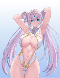 Rule 34 | 1girl, armpits, arms behind head, arms up, bare shoulders, blue eyes, blush, breasts, britomart (fate), britomart (final ascension) (fate), center opening, cleavage, double bun, fate/grand order, fate (series), gold trim, grey hair, hair bun, hairband, highleg, highleg swimsuit, highres, large breasts, long hair, looking at viewer, mrnn, navel, o-ring, one-piece swimsuit, pointy ears, smile, solo, swimsuit, thighs, twintails, two-tone swimsuit, very long hair, white one-piece swimsuit, yellow one-piece swimsuit