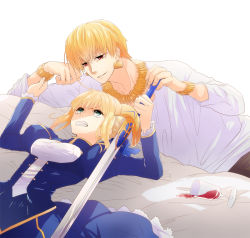 Rule 34 | 1boy, 1girl, ahoge, alcohol, artoria pendragon (all), artoria pendragon (fate), bad id, bad pixiv id, blonde hair, bracelet, casual, cup, dress, drinking glass, earrings, excalibur (fate/stay night), fate/stay night, fate/zero, fate (series), gilgamesh (fate), green eyes, hair ribbon, irono (irtyu), jewelry, necklace, official alternate costume, red eyes, ribbon, saber (fate), short hair, spill, sword, weapon, wine, wine glass