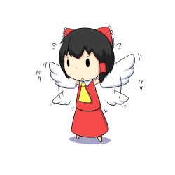 Rule 34 | &gt;:&lt;, 1girl, :&lt;, ascot, black hair, bow, chibi, closed mouth, detached sleeves, fake wings, flapping, flying sweatdrops, frown, full body, hair bow, hair tubes, hakurei reimu, motion blur, motion lines, potaaju, shadow, short hair, simple background, skirt, skirt set, solid oval eyes, solo, touhou, v-shaped eyebrows, white background, wings