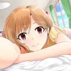 Rule 34 | 1girl, aiba yumi, bare arms, blush, brown eyes, brown hair, cloud, commentary request, curtains, day, face, highres, idolmaster, idolmaster cinderella girls, idolmaster cinderella girls starlight stage, indoors, lamp, looking at viewer, lying, on stomach, ryotarou (seyana), smile, solo, window