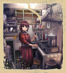 Rule 34 | 1girl, apron, brown eyes, brown hair, cooking, cooking pot, grey sailor collar, hair ornament, highres, indoors, kantai collection, kitchen, ladle, looking at viewer, mixing bowl, open mouth, photo (object), red apron, red shirt, sailor collar, shirt, short hair, sink, solo, standing, stove, tan yang (kancolle), tile wall, tiles, timmyyen, yukikaze (kancolle)