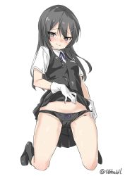 Rule 34 | 10s, 1girl, bad id, bad twitter id, black panties, black skirt, black socks, black vest, blush, bow, bow panties, breasts, buttons, closed mouth, clothes lift, collared shirt, ebifurya, eyebrows, full body, gloves, groin, hair ornament, hairclip, highres, inactive account, kantai collection, kneeling, lifting own clothes, long hair, looking away, neck ribbon, no shoes, oyashio (kancolle), panties, pocket, purple bow, purple ribbon, ribbon, shirt, short hair, short sleeves, simple background, skirt, skirt lift, sleeveless, small breasts, socks, solo, thighs, twitter username, underwear, vest, white background, white gloves, white shirt