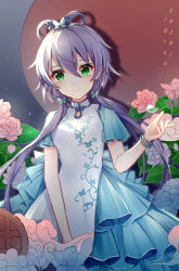 Rule 34 | 1girl, 2020, artist name, blue skirt, blue sleeves, butterfly hair ornament, chinese clothes, chinese commentary, commentary request, dress, drsn, floral print, flower, green eyes, hair ornament, hair rings, hand up, highres, layered skirt, looking at viewer, lotus, luo tianyi, moon, purple hair, skirt, smile, solo, twintails, upper body, vocaloid, white dress, whorled clouds, wristband