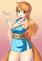 1girl breasts brown_eyes dmayaichi earrings highres japanese_clothes jewelry kimono large_breasts long_hair nami_(one_piece) no_panties one_piece orange_hair simple_background solo tattoo