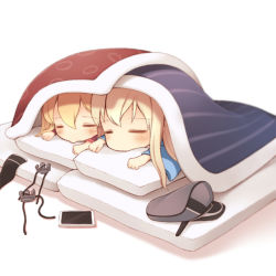 Rule 34 | 2girls, anchor, anchor hair ornament, bismarck (kancolle), blanket, blonde hair, blush, chibi, closed eyes, closed mouth, commentary request, covering privates, futon, hair between eyes, hair ornament, hat, unworn hat, unworn headwear, kantai collection, long hair, long sleeves, lying, mofu namako, multiple girls, on stomach, pajamas, peaked cap, phone, pillow, prinz eugen (kancolle), ribbon, sleeping, under covers