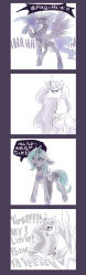 Rule 34 | 4koma, blush, celestia (my little pony), comic, english text, expressionless, gaijin 4koma (meme), highres, horns, luna (my little pony), meme, monochrome, murai shinobu, my little pony, my little pony: friendship is magic, nightmare moon, no humans, open mouth, parody, siblings, single horn, sisters, tears, translation request, wings