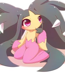 Rule 34 | blush, commentary request, creatures (company), finger to mouth, game freak, gen 3 pokemon, kaceuth, long hair, mawile, mega mawile, mega pokemon, nintendo, no humans, open mouth, pink eyes, pokemon, pokemon (creature), simple background, sitting, very long hair, white background