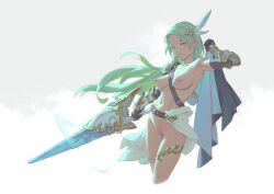 Rule 34 | 1girl, bigrbear, black gloves, breasts, cleft of venus, commentary request, gauntlets, gloves, green hair, grey background, holding, holding sword, holding weapon, large breasts, long hair, looking at viewer, navel, nipple piercing, nipples, original, piercing, pink eyes, solo, sword, thighs, weapon
