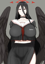 Rule 34 | 1girl, black hair, black wings, blue archive, breasts, expressionless, fujou joshi, grey background, hair between eyes, hasumi (blue archive), large breasts, lips, long hair, school uniform, simple background, skirt, solo, straight hair, wings