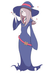 Rule 34 | 1girl, absurdres, asia maru, blush, commentary, english commentary, full body, hair over one eye, hand on headwear, hat, heart, highres, light smile, little witch academia, long hair, looking at viewer, luna nova school uniform, pink hair, red eyes, school uniform, simple background, smile, solo, sucy manbavaran, white background, wide sleeves, witch, witch hat