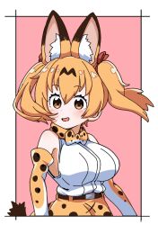 Rule 34 | 1girl, alternate hairstyle, animal ears, bad id, bad pixiv id, belt, black belt, bow, bowtie, brown eyes, commentary request, elbow gloves, gloves, hair ribbon, hair up, high-waist skirt, highres, kemono friends, looking at viewer, nekonyan (inaba31415), open mouth, orange bow, orange bowtie, orange gloves, orange hair, orange skirt, outside border, pink background, print bow, print bowtie, print gloves, print skirt, red ribbon, ribbon, serval (kemono friends), serval print, shirt, short hair, skirt, sleeveless, sleeveless shirt, smile, solo, tail, twintails, upper body, white shirt